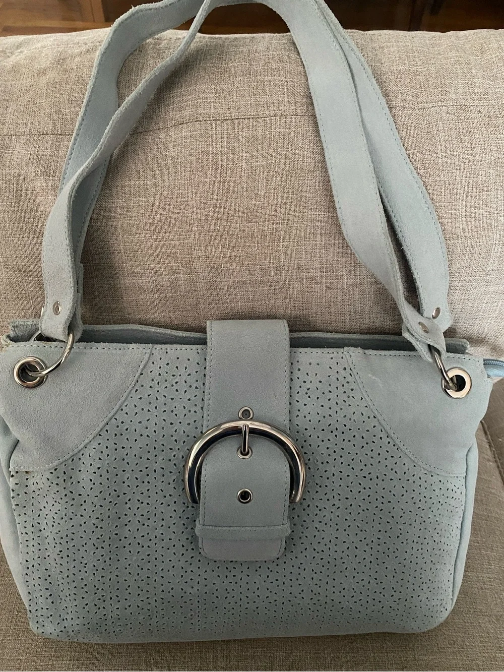Pamela Mc Coy Suede Pale Blue Shoulder Satchel Bag Laser Cut Flowers Summer